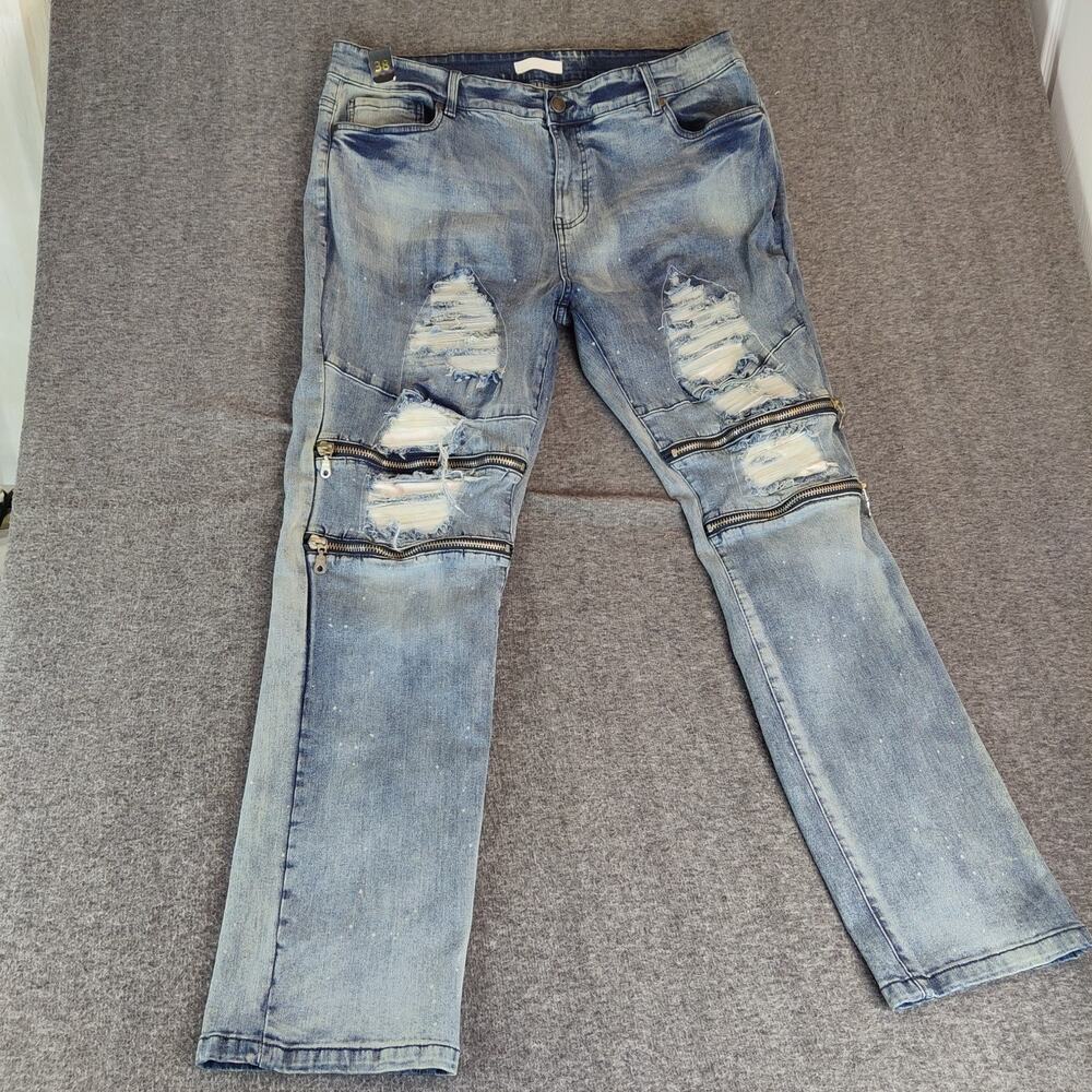 GS-115 Denim Men's Blue White Splatter Paint Heavy Distressed Jean Size 38W NWT